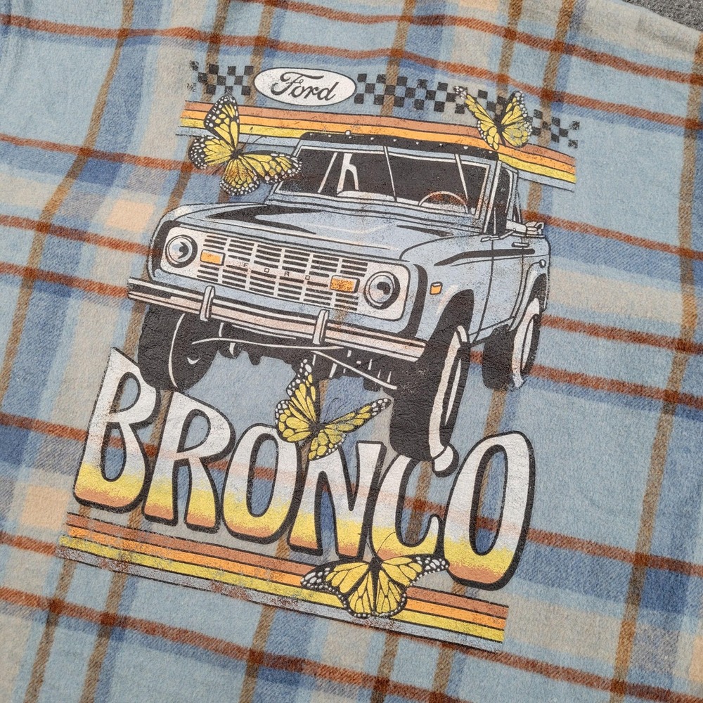 Ford Bronco Shacket Womens‎ XL Blue Plaid Flannel Button Up Truck Graphic Jacket